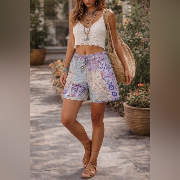 Blue Sky Pants - Blue Sky High Waist Floral Patchwork Bohemia Shorts L Cottagecore